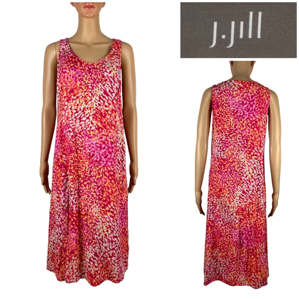 J Jill Womens 10 Dress Midi Rayon Sleeveless Multicolor Pink Scoop Pockets EUC